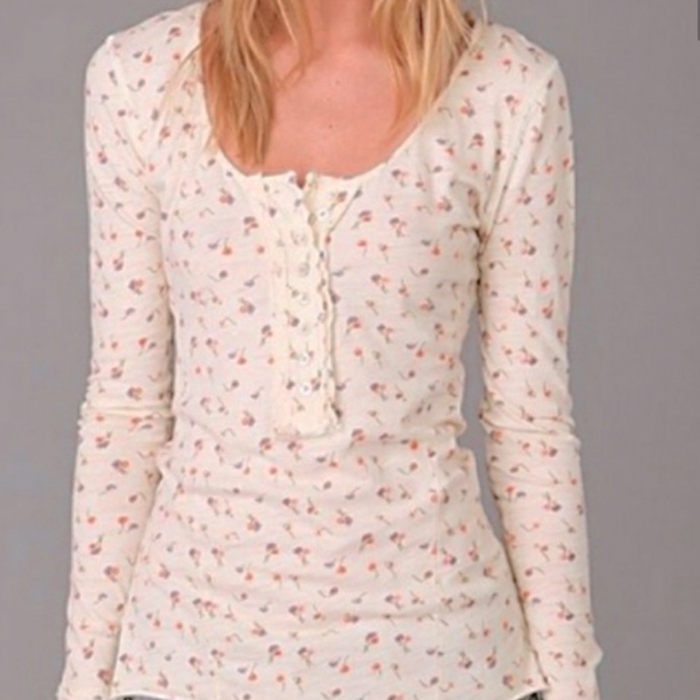 We The Free Pink Ditsy Floral Lace Insert Long Sleeve Henley Top. Cottage Size M